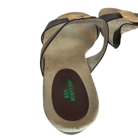 Ros Hommerson Brown Leather & Gold Wedge Slide Sandals Womens 11M - Picture 3 of 10